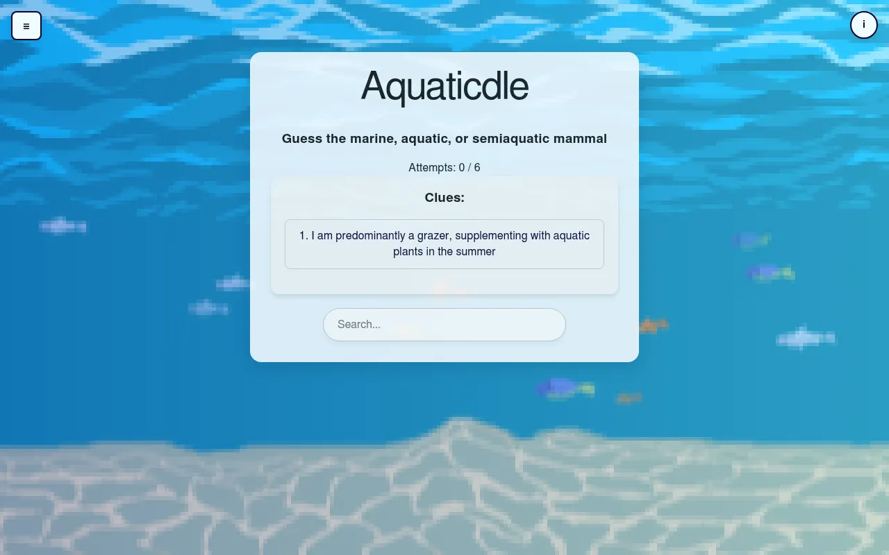 Aquaticdle round with 0 of 6 attempts used, the first clue about a grazing mammal and a search bar over an underwater background