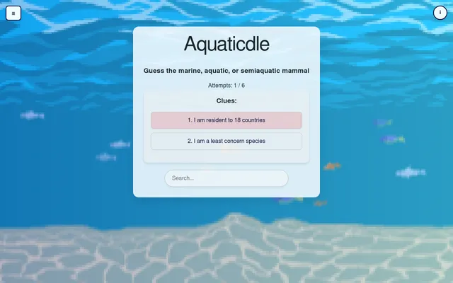 Aquaticdle on 18 October 2026 after one wrong guess: attempts 1 of 6, the first clue marked red and a second clue revealed above the search bar, on a pixel-art underwater background