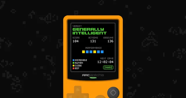 An orange ARCaptcha handheld console showing a verdict screen of Generally Intelligent, with score, actions, baseline and coloured performance squares