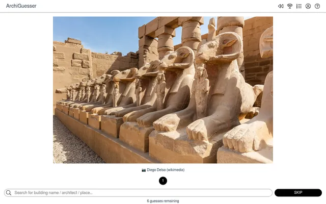 ArchiGuesser puzzle #1571 on desktop: the first picture, a row of ram-headed sphinxes, above the search box, Skip button and 6 guesses remaining