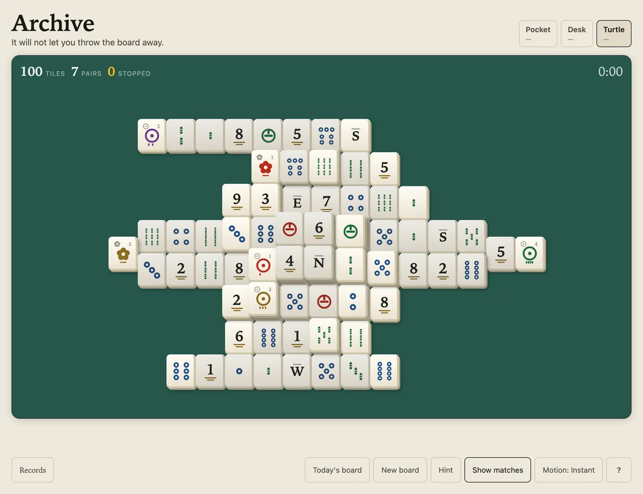 Archive's Turtle board in play: stacked mahjong tiles on a green table with 100 tiles left, 7 pairs available, 0 stopped, and the Today's board, New board and Hint buttons