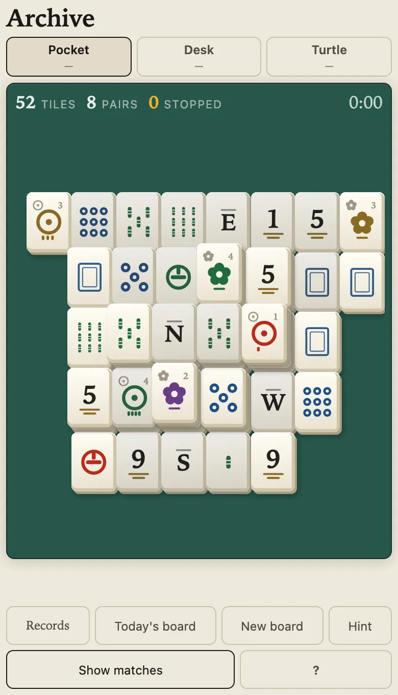 Archive's Pocket layout on a phone: 52 tiles left and 8 pairs available, with Records, Today's board, New board and Hint below