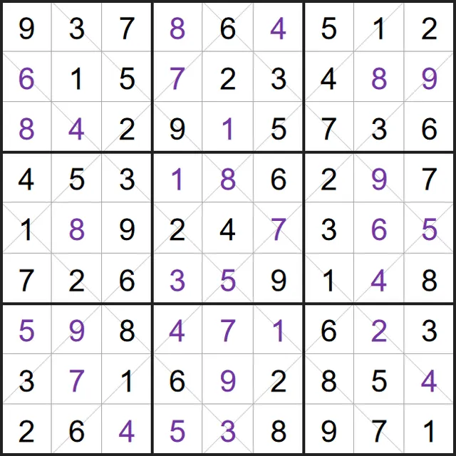 A solved example Argyle Sudoku from PuzzleMadness's rules: a full 9x9 grid crossed by grey diagonal lines in a diamond pattern