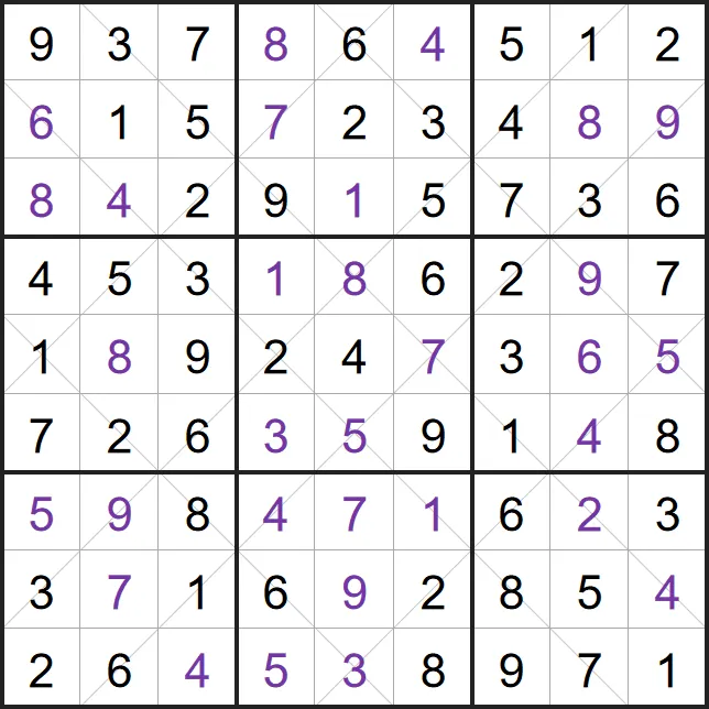 A solved example Argyle Sudoku from PuzzleMadness's rules: a full 9x9 grid crossed by grey diagonal lines in a diamond pattern