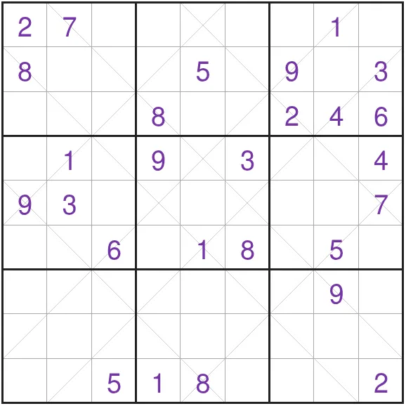 Today's Medium Argyle Sudoku on PuzzleMadness (28 October 2026): a 9x9 grid with its starting digits and the thin diagonal lines of the argyle pattern