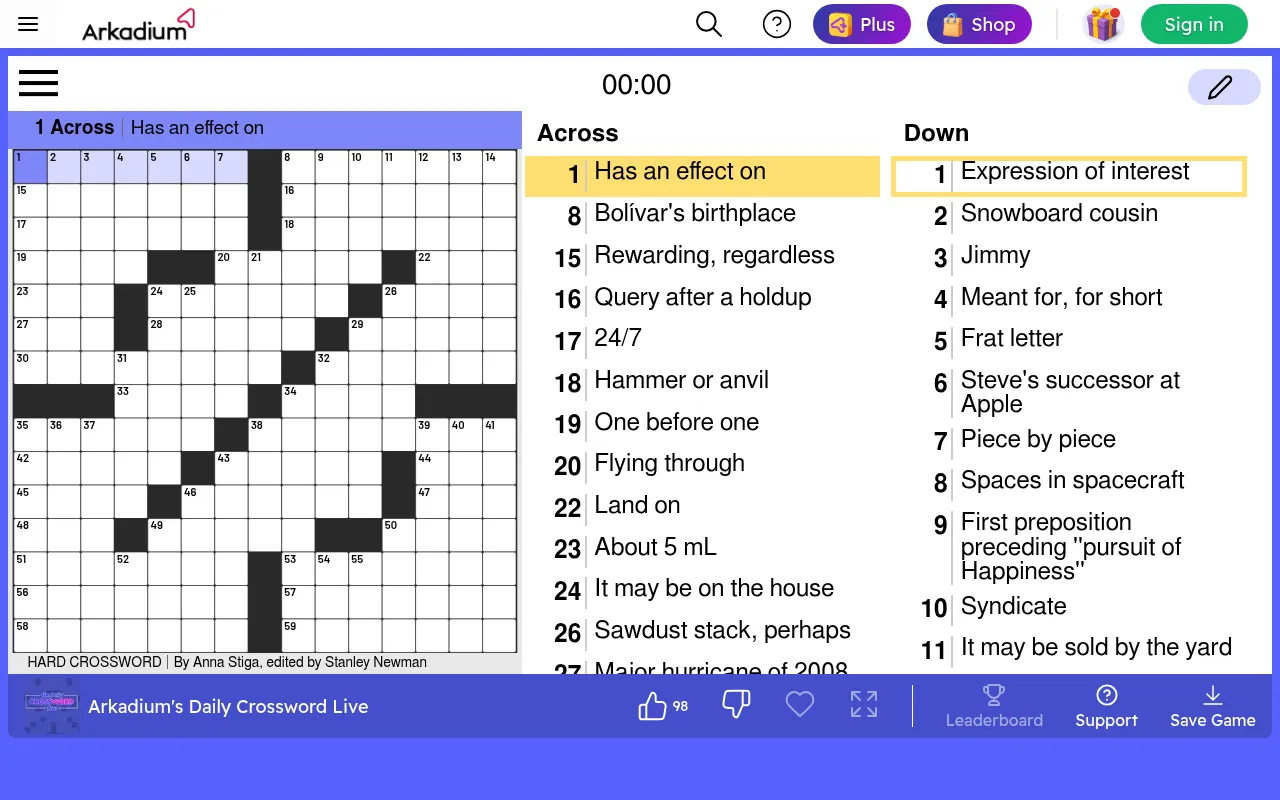 Daily Crossword Live for 17 October 2026: a 15x15 hard crossword by Anna Stiga, edited by Stanley Newman, with a timer and the Across and Down clue lists