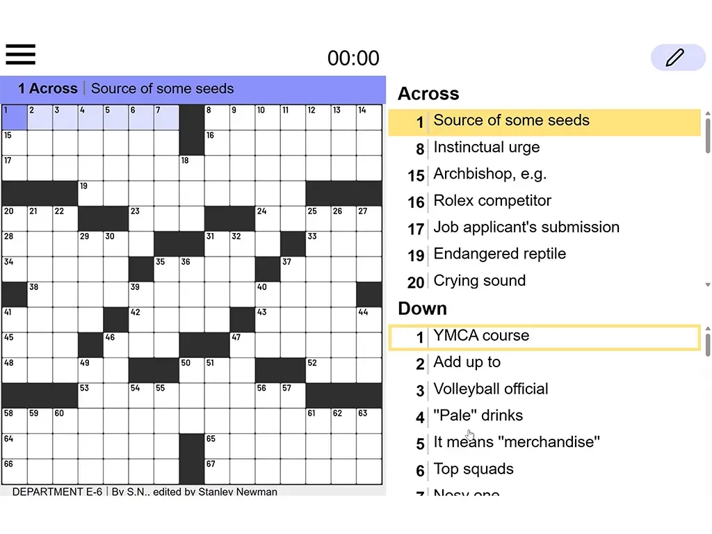A Daily Crossword Live puzzle: a 15x15 grid with 1 Across highlighted and the Across and Down clue lists beside it, by S.N., edited by Stanley Newman