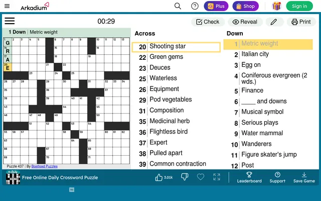 Today's Arkadium Daily Crossword, puzzle 437 by Boatload Puzzles, in play on a desktop: a 15 by 15 grid with letters typed in 1 Down beside the Across and Down clue lists