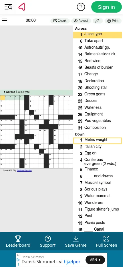 Arkadium Daily Crossword puzzle 437 on a phone: a small 15 by 15 grid beside the clue list, with Check, Reveal and Print above and a banner ad below