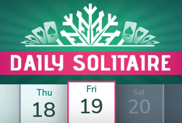 The Daily Solitaire title on a pink banner under a snowflake of playing cards, above a date strip with Friday the 19th picked