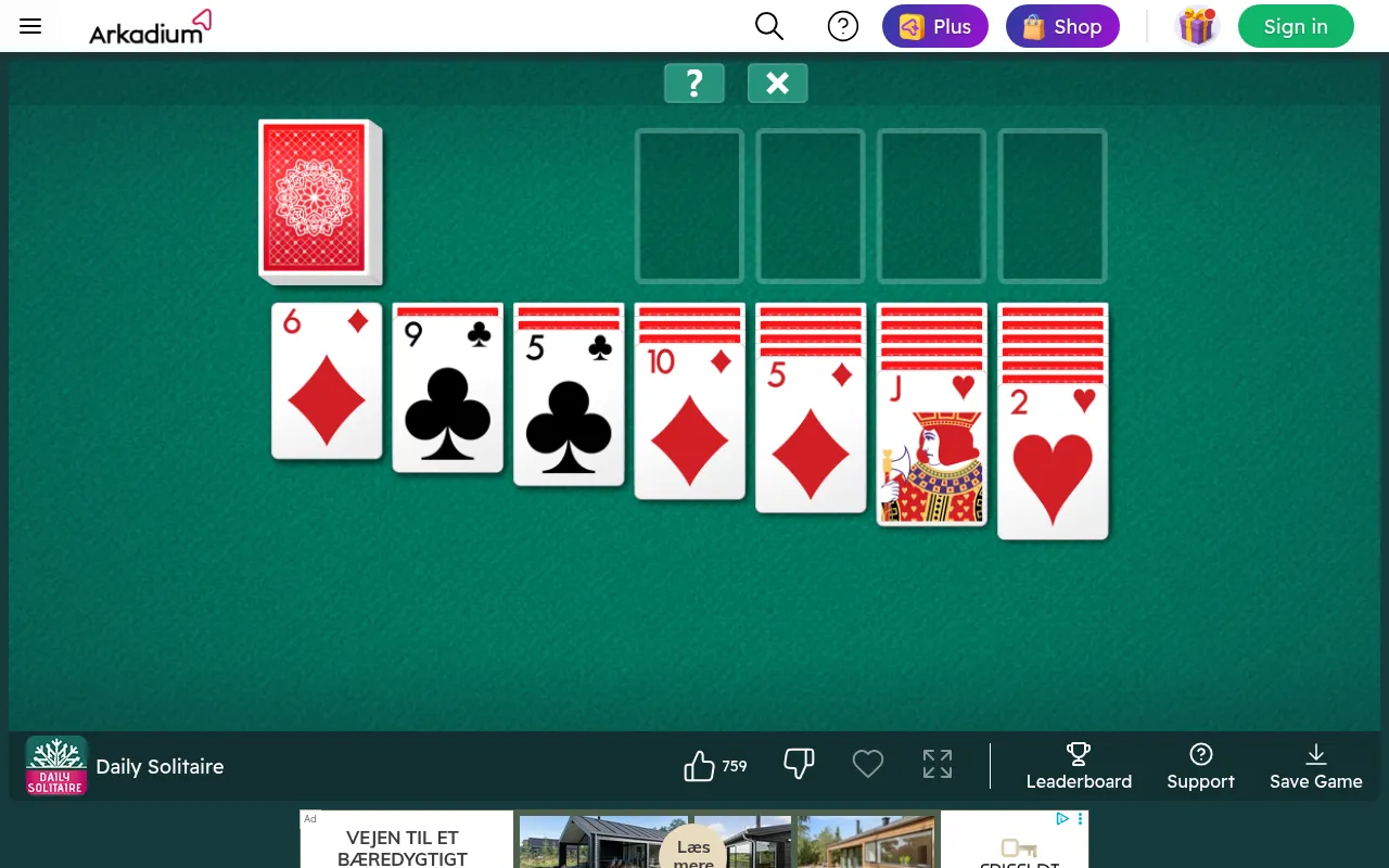 A Daily Solitaire deal in play on Arkadium: the stock top left, four empty foundations, and seven Klondike columns with their top cards turned up