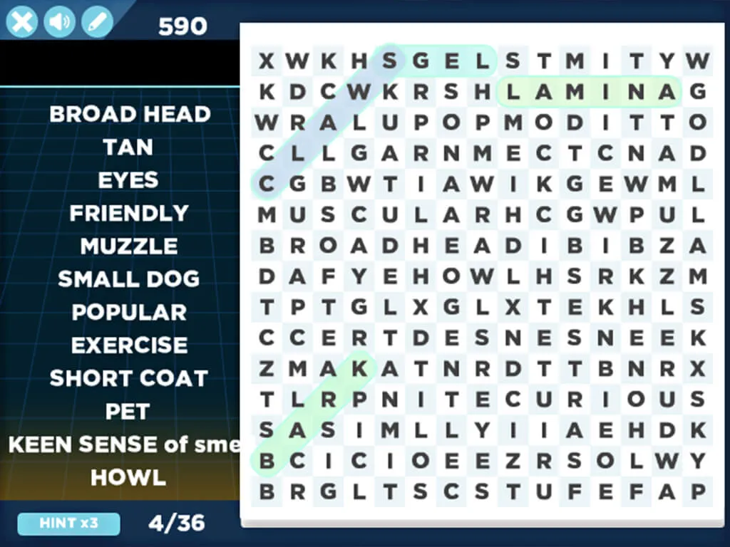 An Arkadium Daily Word Search game in progress: a letter grid with found words such as LAMINA highlighted, the word list beside it, a score of 590 and 4 of 36 words found