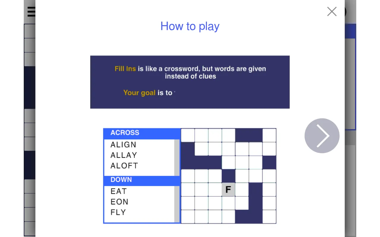 Arkadium's Fill Ins how-to-play screen: an Across list of ALIGN, ALLAY and ALOFT and a Down list of EAT, EON and FLY beside an empty grid