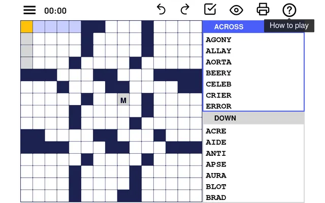 An Arkadium's Fill Ins board for October 17, 2026: an empty 15 by 15 grid with one letter M given, the Across and Down word lists beside it, and the timer, check and reveal buttons above