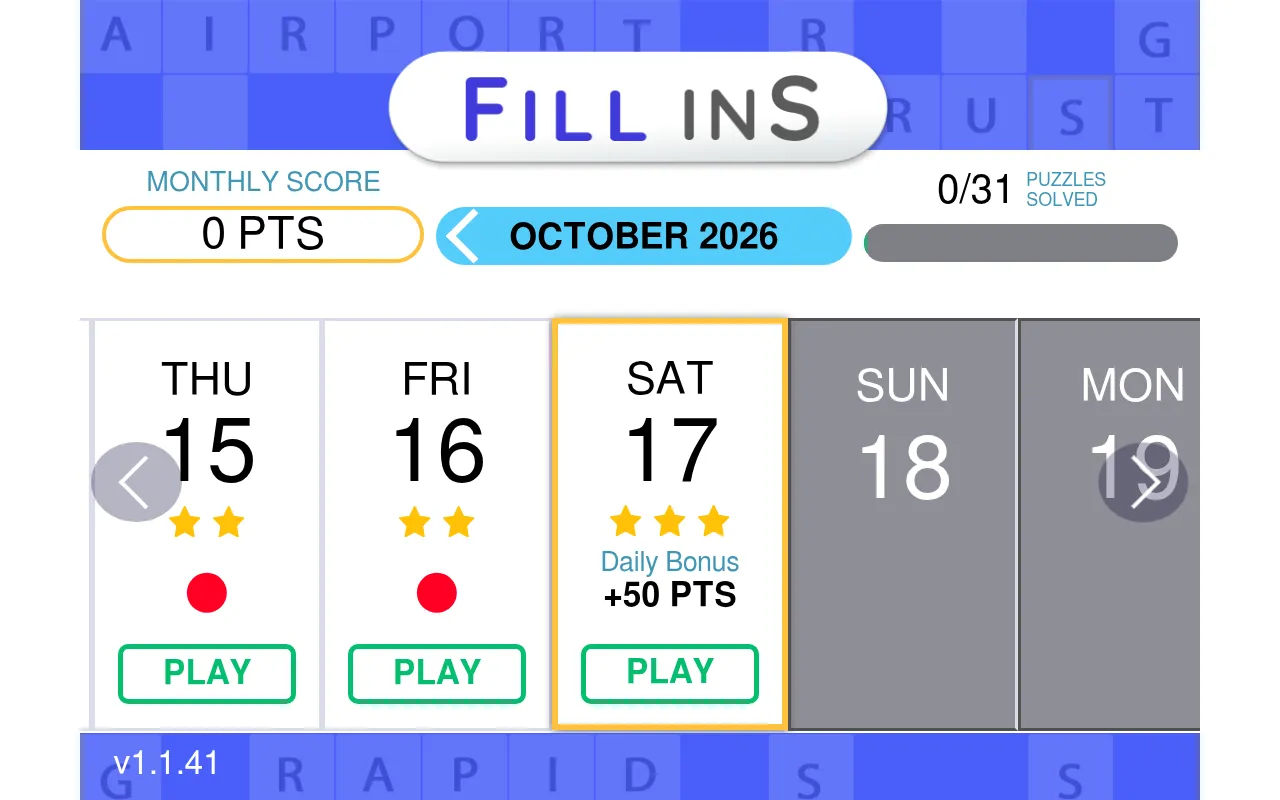 Arkadium's Fill Ins month calendar for October 2026: day cards with difficulty stars and Play buttons, the past days open and the coming days greyed out