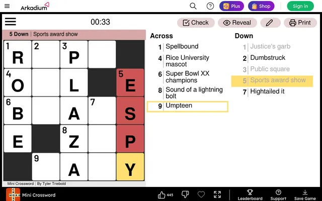 Arkadium Mini Crossword for 19 October 2026 in play: a 5x5 grid with ROBE, PLAZA and ESPY filled down, Across and Down clues beside it, a timer and Check, Reveal and Print buttons