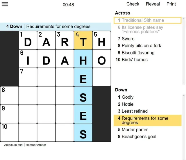 A Arkadium Mini Crossword grid with its clue list