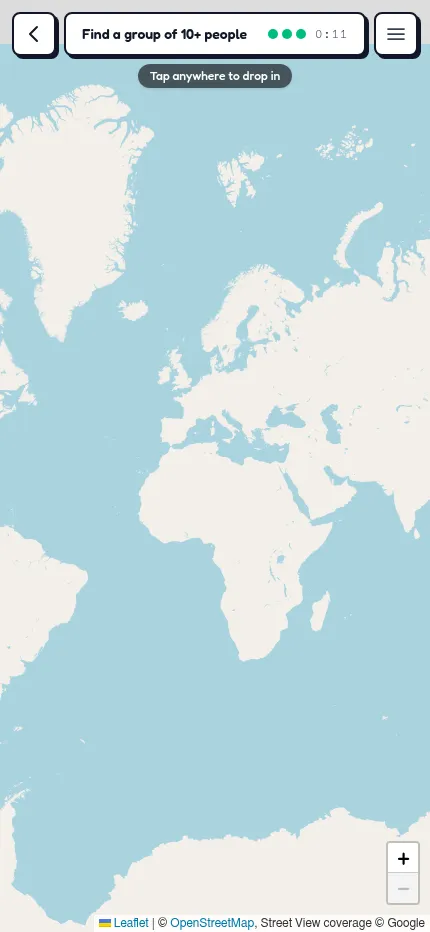 Around Here Somewhere at phone size: the world map with the day's target Find a group of 10+ people and the prompt Tap anywhere to drop in