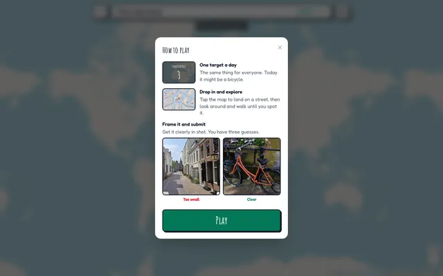 Around Here Somewhere's how-to-play card over the world map: one target a day for everyone, drop into Street View and explore, then frame the target clearly, shown with two street photos of a bicycle