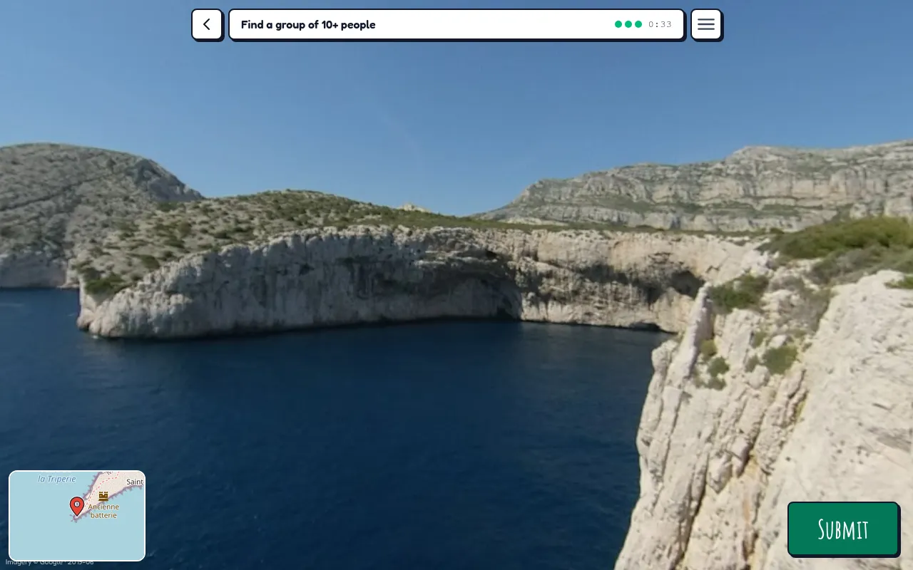 Around Here Somewhere on 28 October 2026: a Street View of white cliffs near Marseille under the target bar Find a group of 10+ people, with three guesses, a clock, corner map and Submit