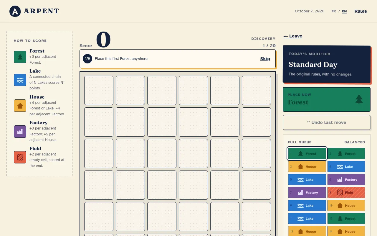 Arpent's game screen in the discovery round: an empty 6x6 grid, the scoring rules for the five terrains, the Standard Day modifier and the numbered tile queue