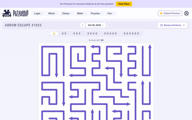 Arrow Escape #1023 for Oct 19, 2026 on Puzzleship: the very easy board of winding purple arrows, 24 arrows left, with the six difficulty tabs above it