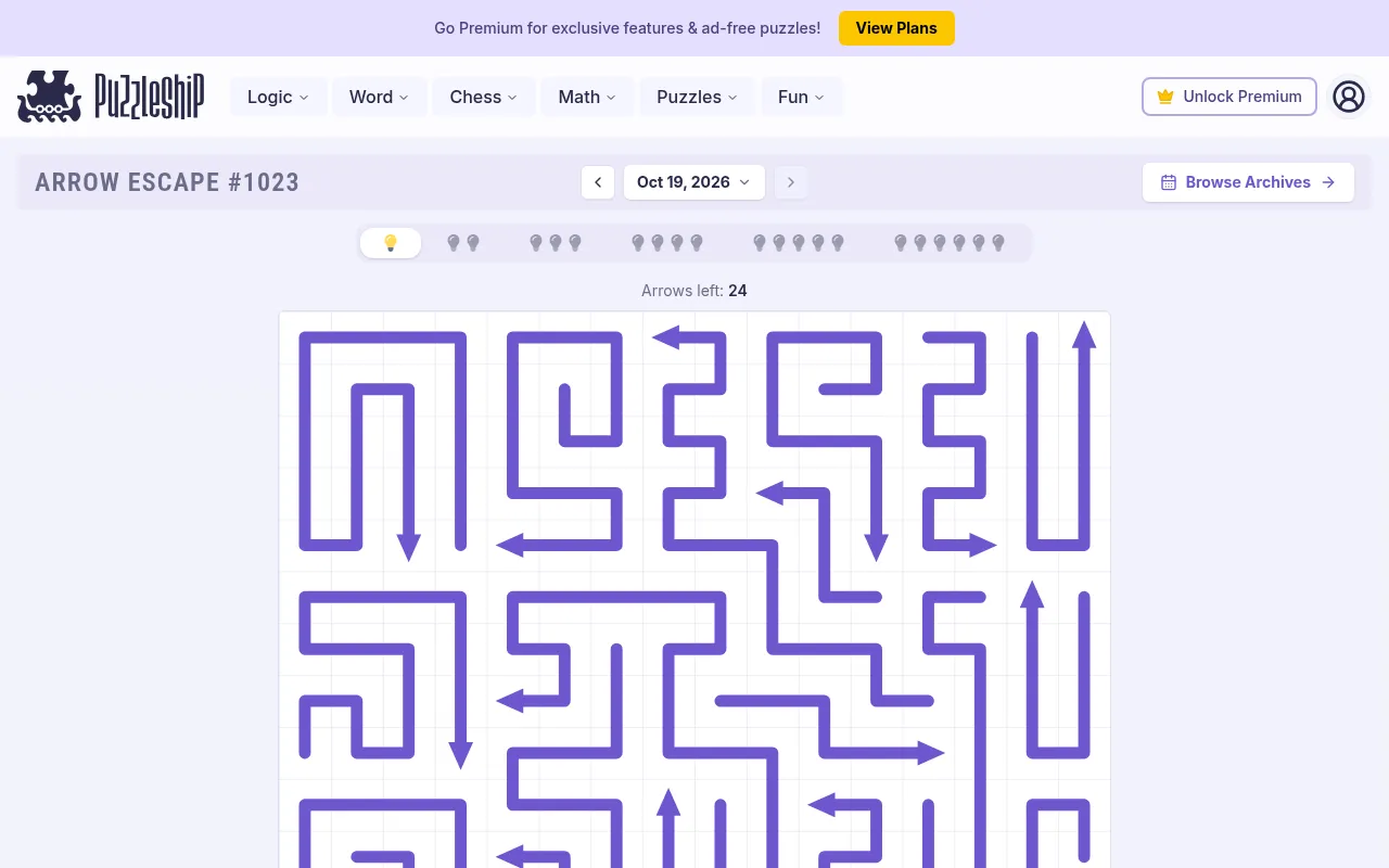 Arrow Escape #1023 for Oct 19, 2026 on Puzzleship: the very easy board of winding purple arrows, 24 arrows left, with the six difficulty tabs above it