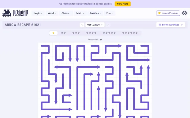 Arrow Escape #1021 for Oct 17, 2026 on Puzzleship: the very easy board of winding purple arrows, 24 arrows left, with the six difficulty tabs above it
