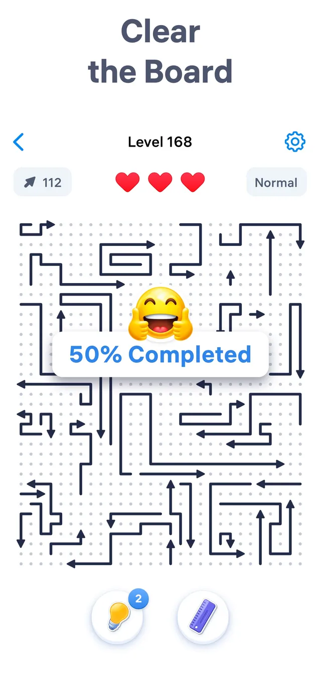 An Arrow Puzzle level half cleared, with dark bent arrows on a dotted grid, three hearts for lives and a 50% Completed message
