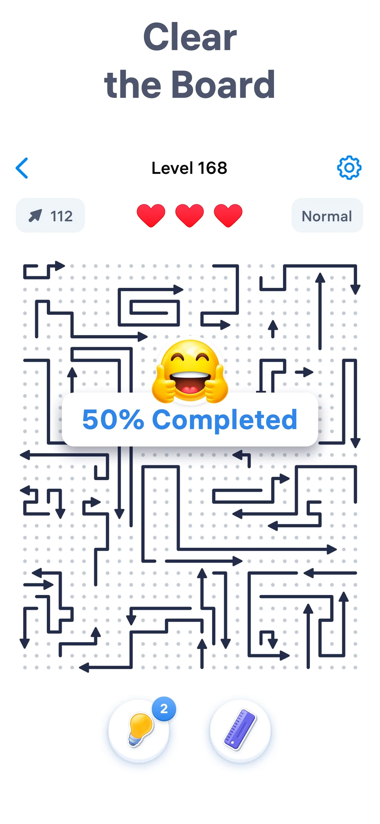 An Arrow Puzzle level half cleared, with dark bent arrows on a dotted grid, three hearts for lives and a 50% Completed message