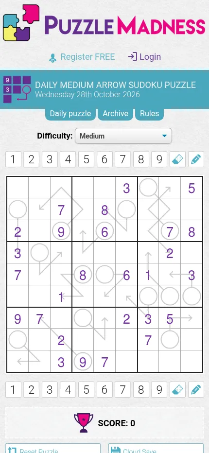 Today's Medium Arrow Sudoku on PuzzleMadness (28 October 2026) at phone size: a 9x9 grid with its given digits, grey circles and arrow stalks