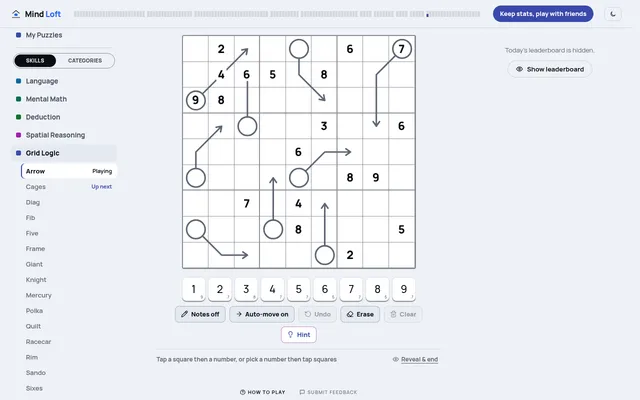 Arrow's 9x9 board for 22 October 2026 on desktop: circled arrows across the grid, 19 printed digits, the number pad and the Notes and Hint buttons