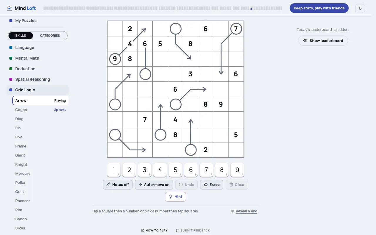 Arrow's 9x9 board for 22 October 2026 on desktop: circled arrows across the grid, 19 printed digits, the number pad and the Notes and Hint buttons