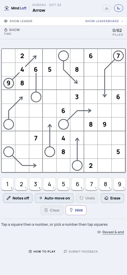 Arrow's 22 October 2026 board at phone size, the grid filling the screen width with the number pad below it
