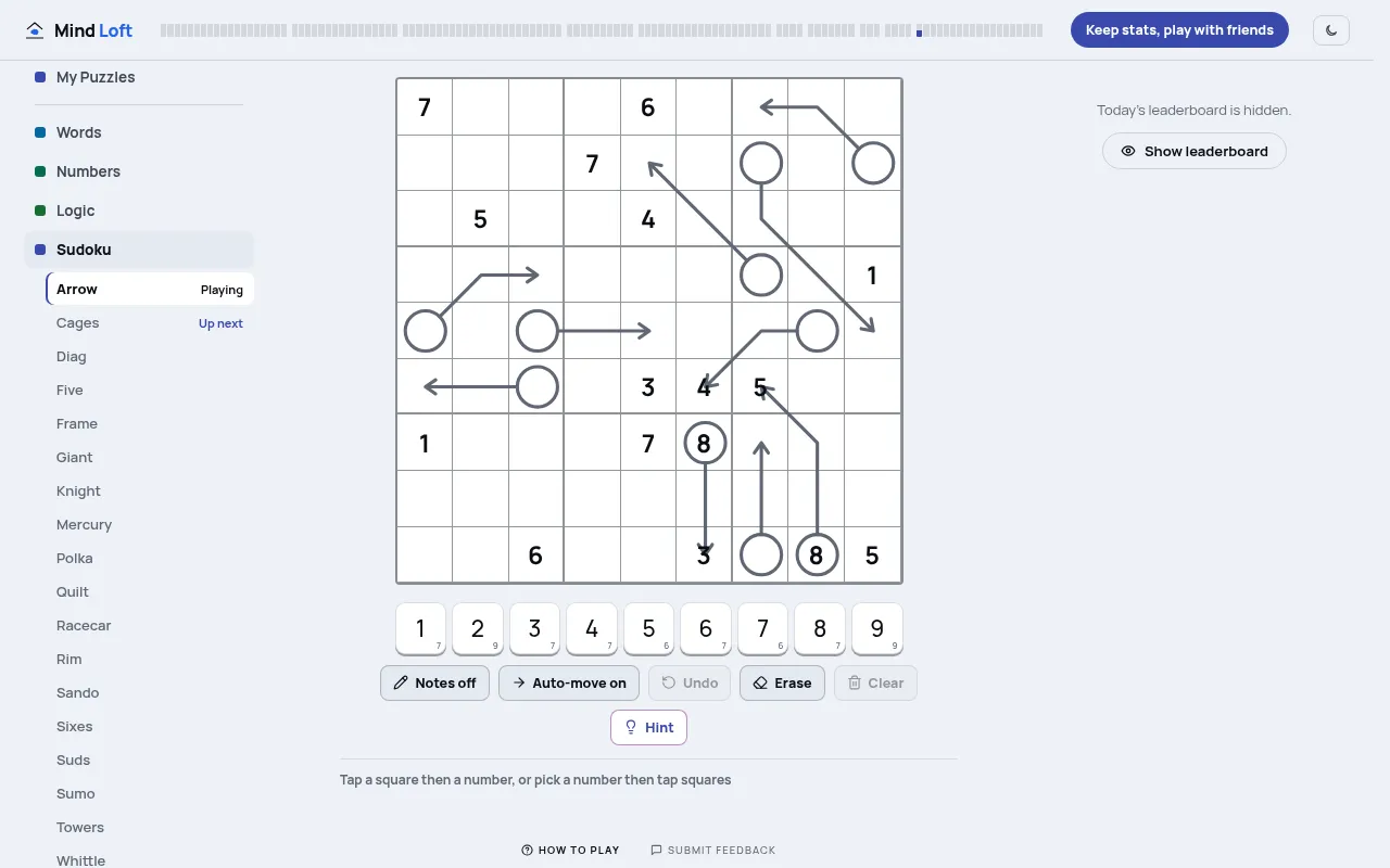 Arrow's 9x9 sudoku board for October 16, 2026, with circled arrows across the grid, the number pad and the Notes and Hint buttons