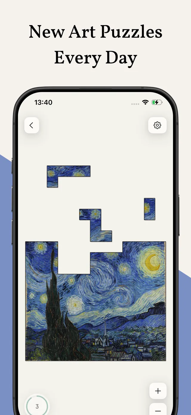 Art Keeper in the app: Van Gogh's The Starry Night half assembled from jigsaw pieces, with loose pieces above, under the line New Art Puzzles Every Day