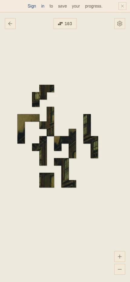 Art Keeper's 21 October puzzle at phone size: block-shaped pieces of a dark townscape painting with lit windows, ready to merge