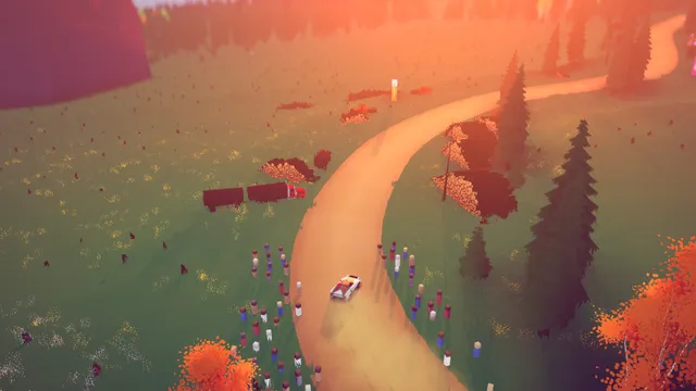 art of rally screenshot: a rally car sliding along a stage seen from the stylized top-down camera