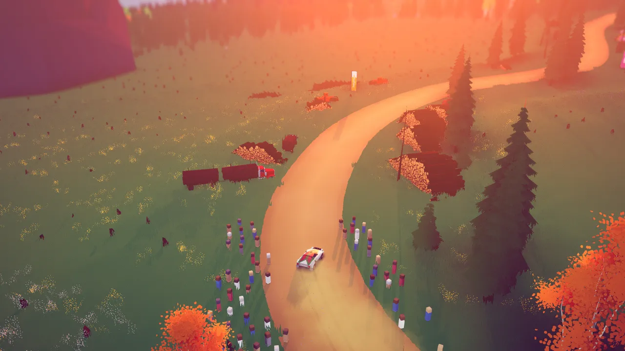 art of rally screenshot: a rally car sliding along a stage seen from the stylized top-down camera