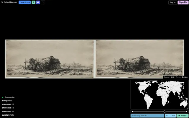 Artifact Guesser Today's Run, round 1 of 3 on 26 October 2026: photos of an etched Dutch landscape with a cottage, a world map to pick the country and a year slider below
