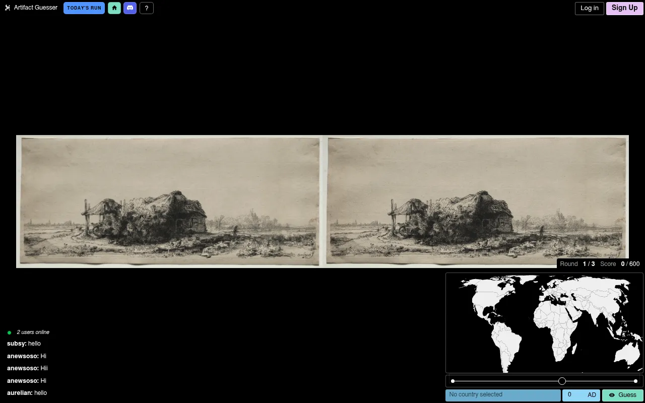 Artifact Guesser Today's Run, round 1 of 3 on 26 October 2026: photos of an etched Dutch landscape with a cottage, a world map to pick the country and a year slider below