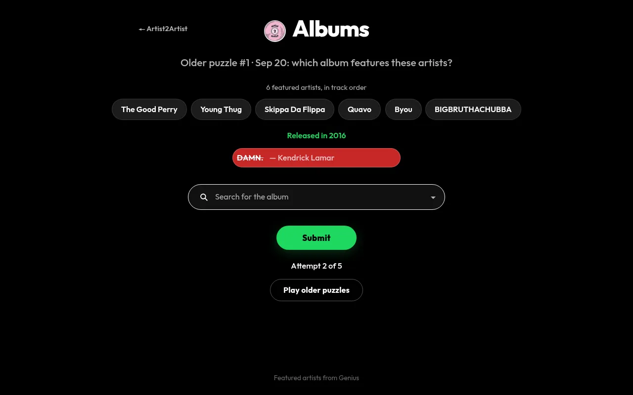 Older puzzle #1 from Sep 20 with six featured artists, a wrong guess DAMN. by Kendrick Lamar struck out in red and the hint Released in 2016, Attempt 2 of 5