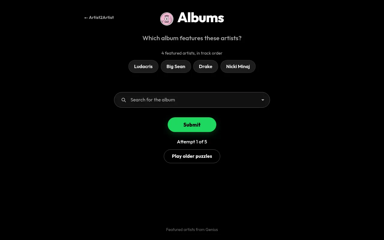 Artist2Artist Albums puzzle: Which album features these artists? 4 featured artists in track order, Ludacris, Big Sean, Drake, Nicki Minaj, a search box and Attempt 1 of 5