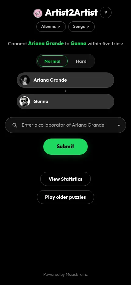 Artist2Artist at phone size: Connect Ariana Grande to Gunna, Normal and Hard switch, both artists with photos and a box to enter a collaborator
