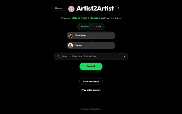 Artist2Artist puzzle: Connect Alicia Keys to Quavo within five tries, Normal and Hard switch, both artists with photos, and a box to enter a collaborator