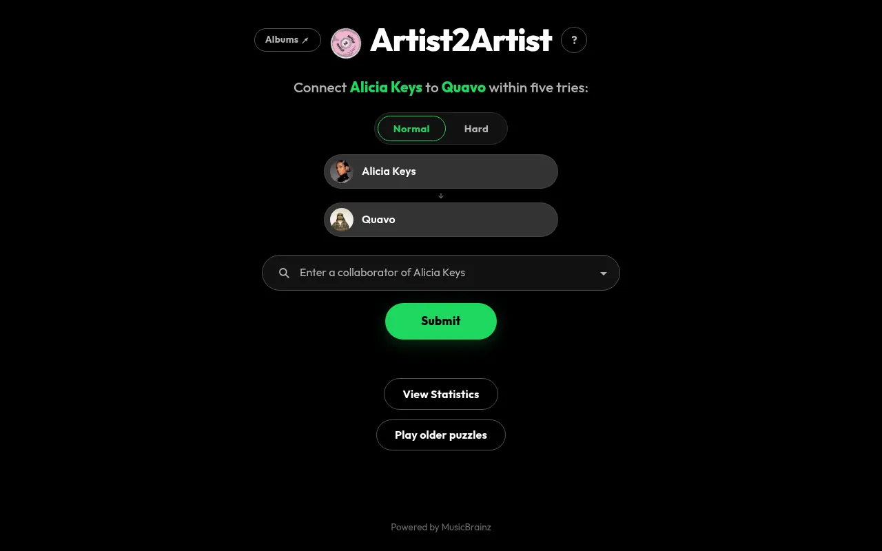 Artist2Artist puzzle: Connect Alicia Keys to Quavo within five tries, Normal and Hard switch, both artists with photos, and a box to enter a collaborator