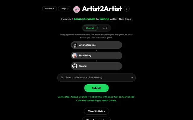 Artist2Artist board for 21 October 2026: Connect Ariana Grande to Gunna, with Nicki Minaj added to the chain through the song Get on Your Knees