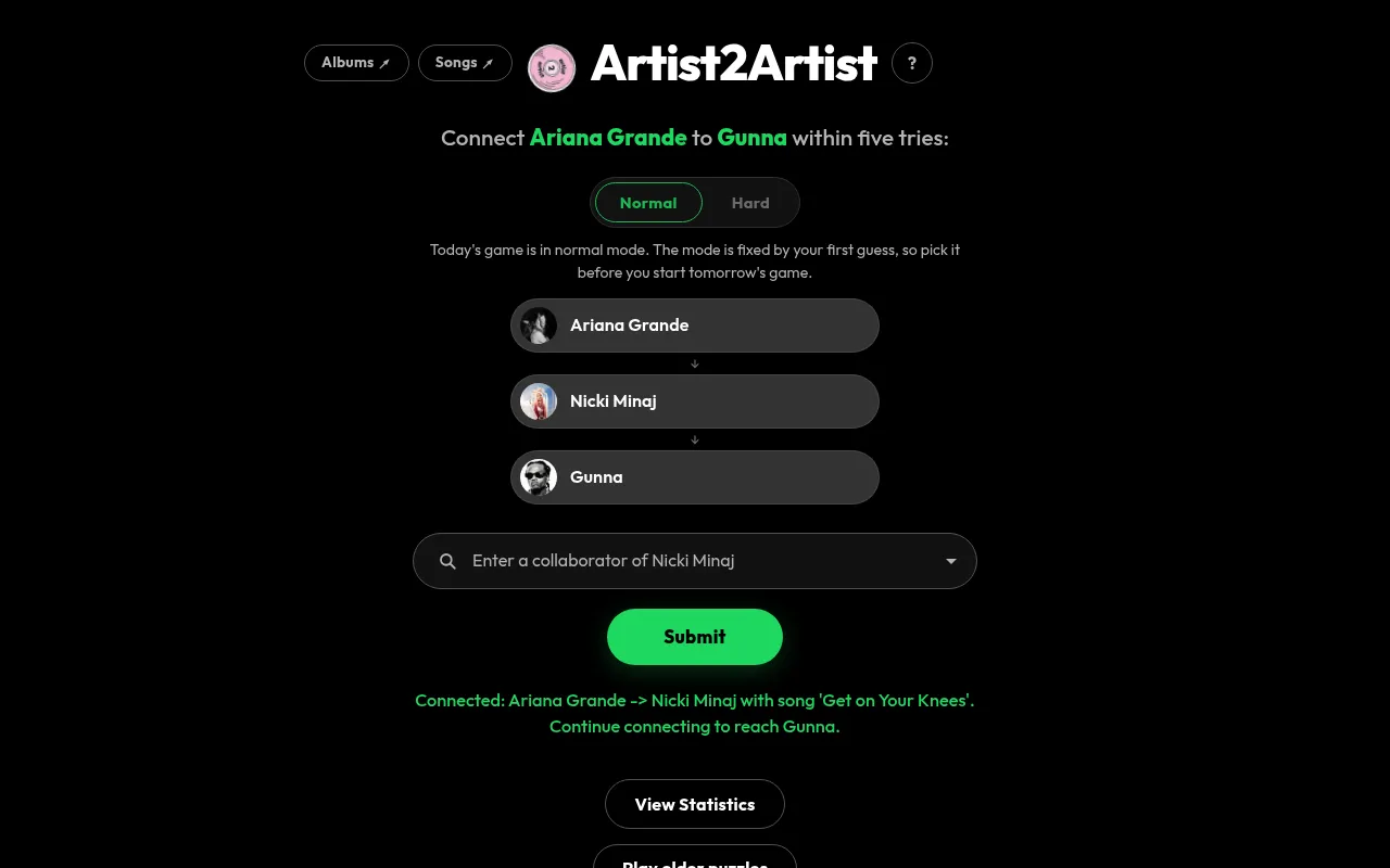 Artist2Artist board for 21 October 2026: Connect Ariana Grande to Gunna, with Nicki Minaj added to the chain through the song Get on Your Knees
