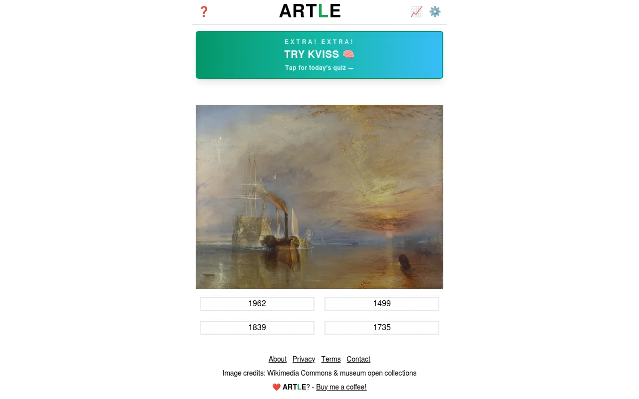 Artle's year bonus round: the day's painting fully revealed, a sailing warship towed by a tug at sunset, with four years to choose from