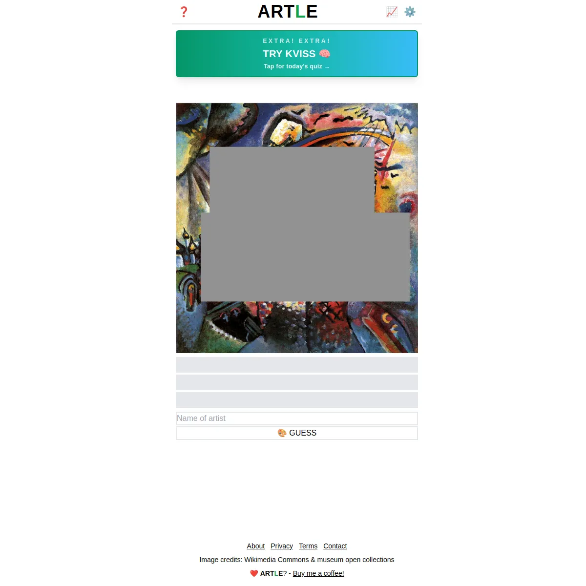 Artle play screen: the ARTLE title, the day's artwork (a colourful abstract painting), three empty guess rows, a Name of artist input and a GUESS button, with a credit line noting images come from Wik